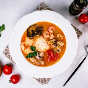 Thai fish broth with shrimp, salmon and mussels